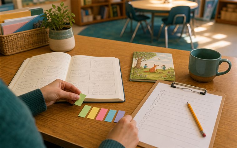 Teacher sorting five focus-group sticky tabs beside an observation notebook and reading group book