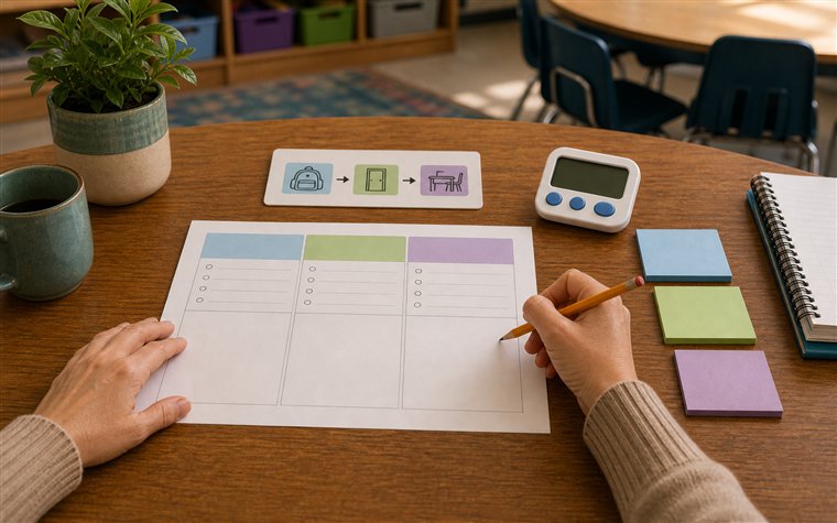 Teacher reviewing a neutral behavior observation sheet with blank before during after notes