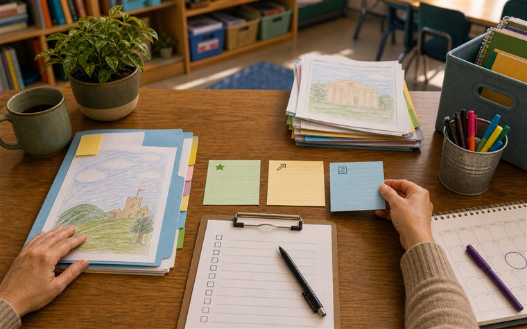 Teacher reviewing strength next step and example cards for elementary report prep