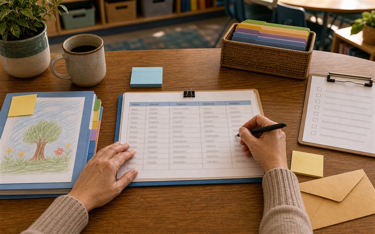 Teacher arranging a family communication log beside student work and a follow-up checklist