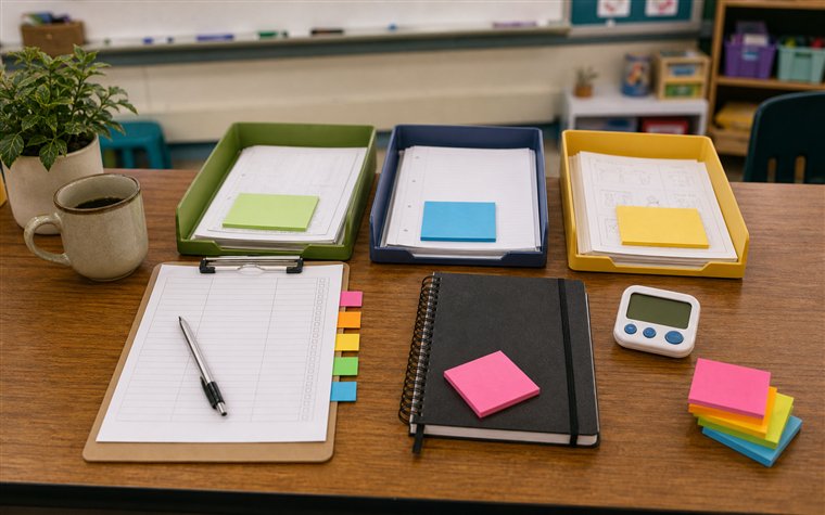 First-year teacher organizing a simple note routine