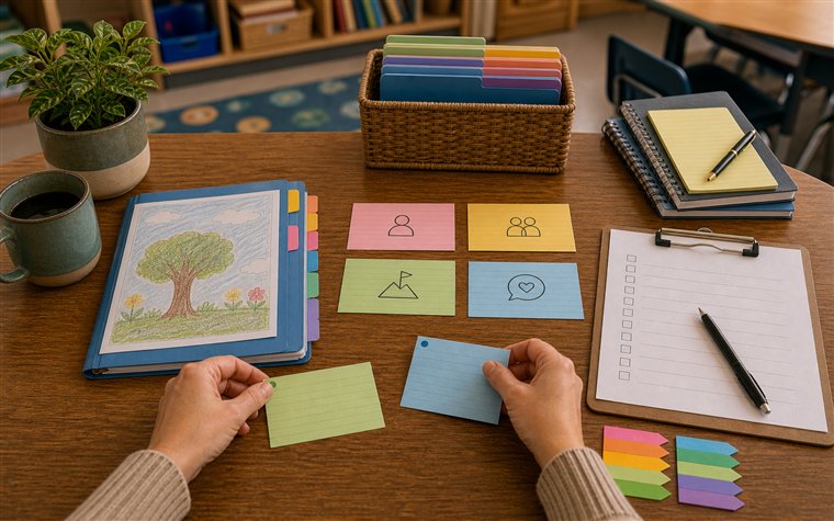 Teacher sorting learning behavior evidence cards beside a report prep checklist