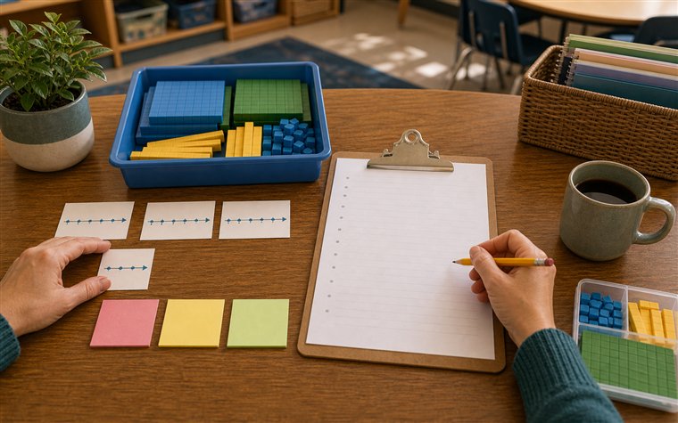 Teacher recording math observation notes beside base-ten blocks and number line cards