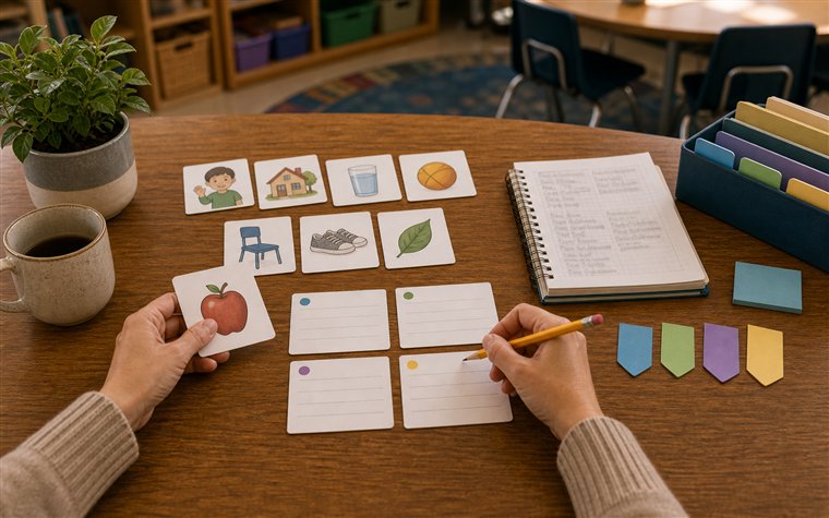 Teacher sorting picture vocabulary cards and blank language observation cards