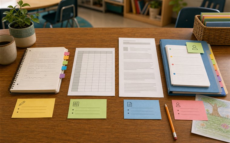 Paper notebook spreadsheet printout document pages and organized student-history folder compared on a teacher desk
