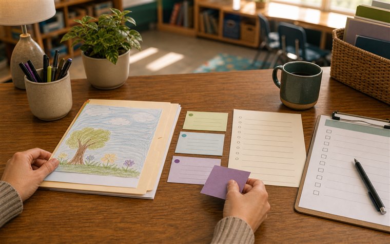 Teacher arranging student work samples before a family conference
