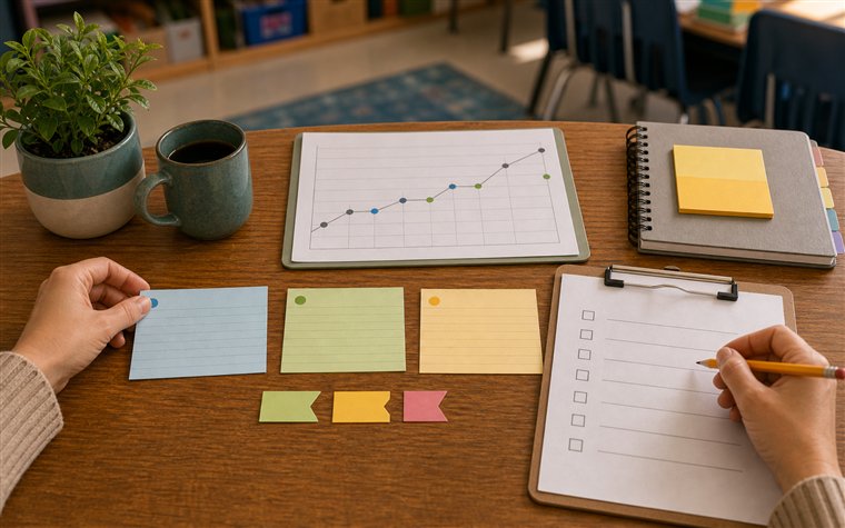 Teacher comparing weekly progress note cards beside a simple graph and decision checklist
