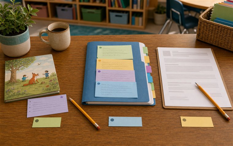 Quick note card student history folder and report draft arranged as a classroom workflow