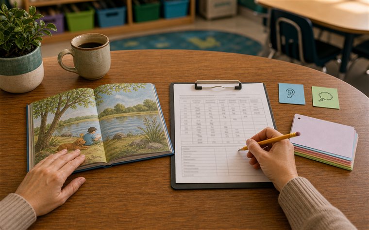 Teacher reviewing a reading conference note beside a leveled book and blank student cards