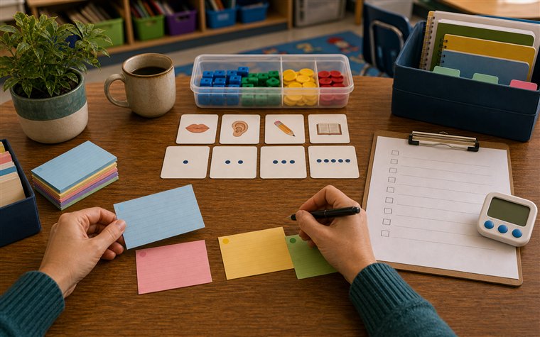 Teacher organizing small group intervention note cards beside phonics cards math materials and timer