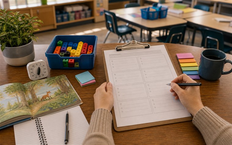 Clipboard with objective observation blocks beside math materials and reading book