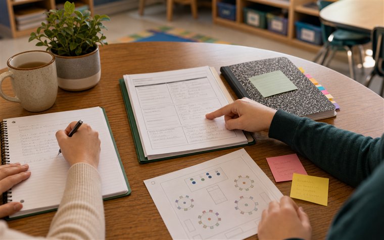 Teacher candidate reviewing mentor feedback beside a practicum observation notebook