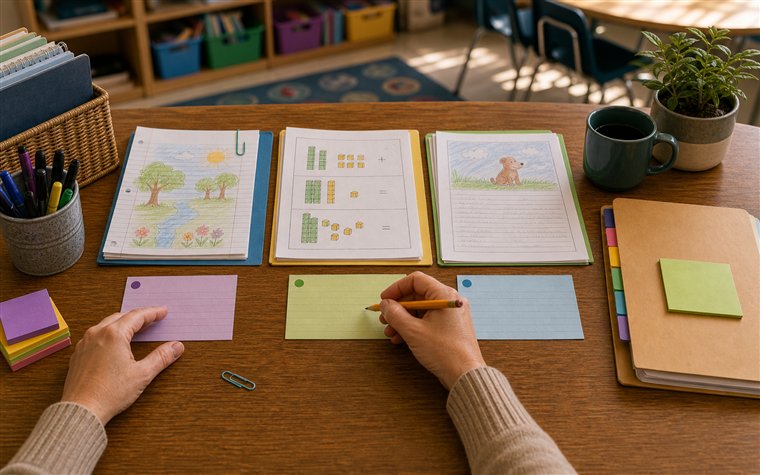Teacher pairing student work samples with anecdotal note cards and report prep folder