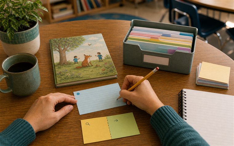 Teacher writing an anecdotal note beside a reading group book and blank student tabs