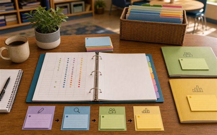 Teacher reviewing class history binder coverage grid and quick note cards as one documentation system