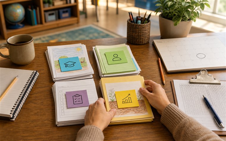 Teacher sorting report-card evidence stacks beside a coverage grid and calendar