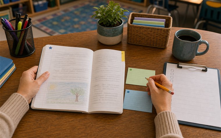 Teacher reviewing a writing conference card beside a student notebook and revision checklist