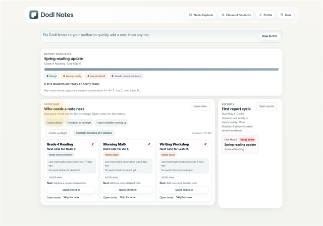 Dodl Notes dashboard showing report readiness and students who need a note next