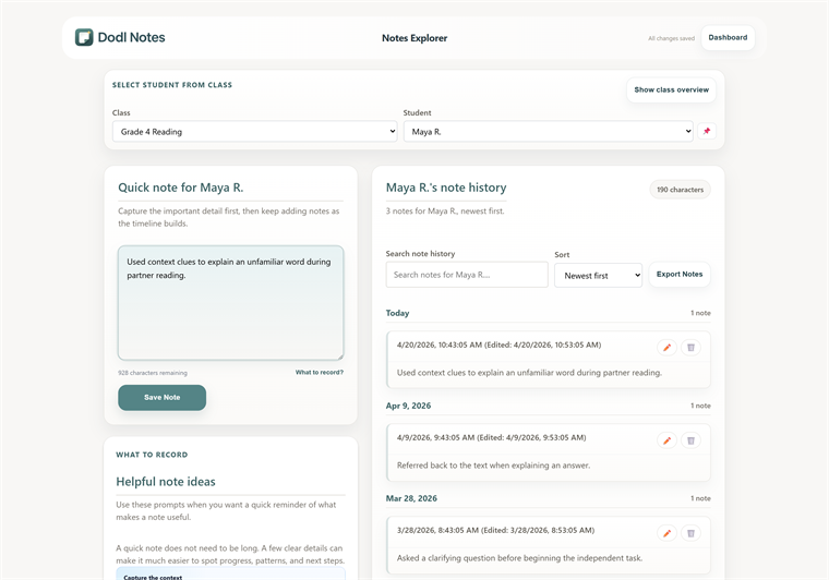 Dodl Notes Notes Explorer showing saved student evidence