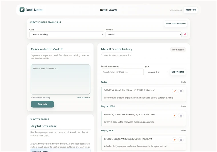 Dodl Notes Notes Explorer showing saved student evidence