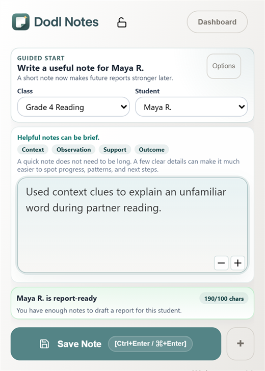Dodl Notes quick note popup for saving a classroom observation