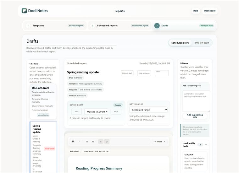 Dodl Notes report workflow for preparing comments