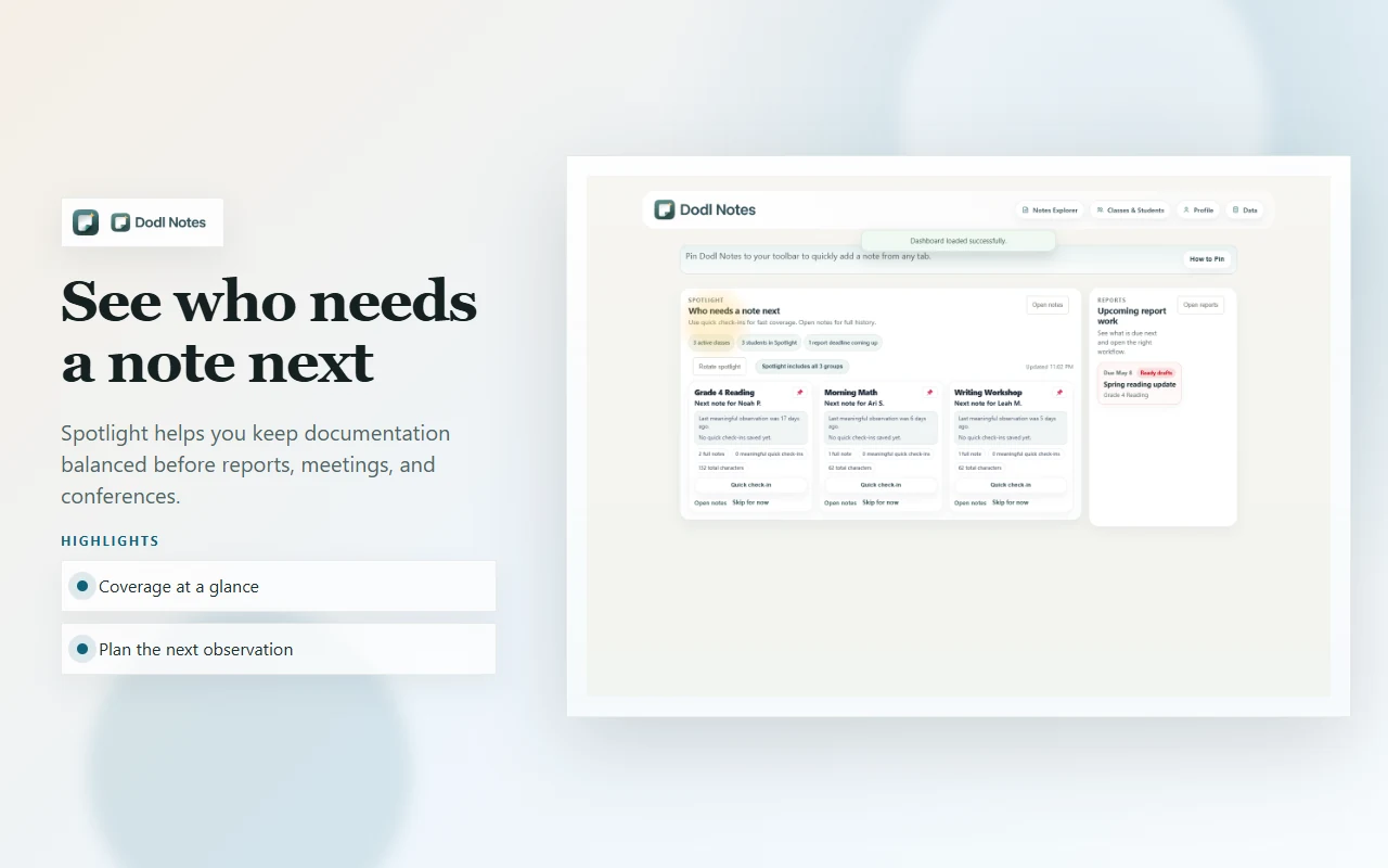 Dodl Notes dashboard with coverage context