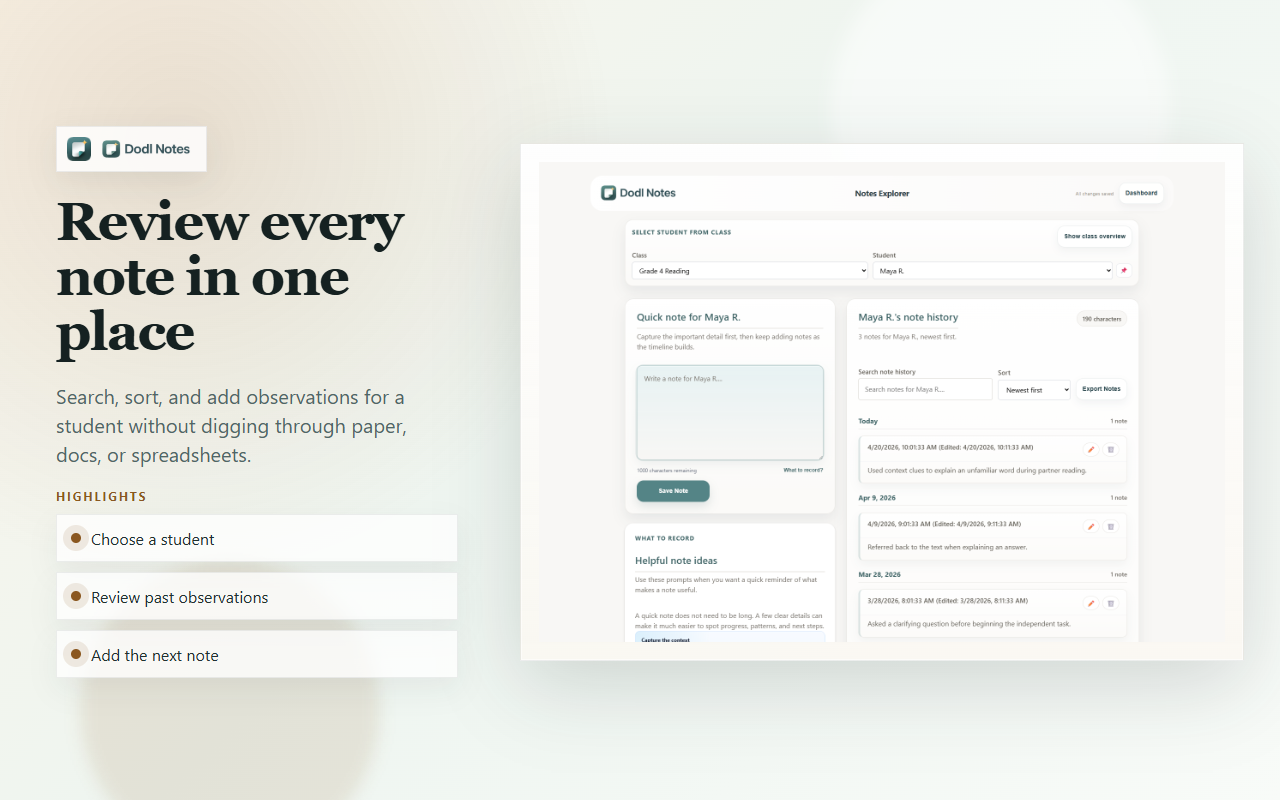 Dodl Notes Explorer showing student history